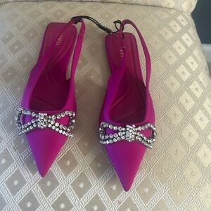 New Zara Rhinestone Embellished Flat Mules Sandals hot pink size 38